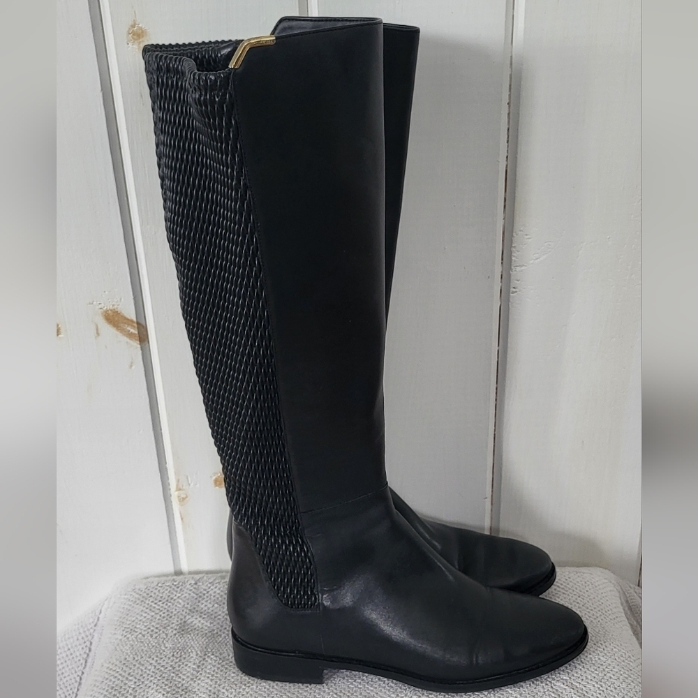 Cole Hann Knee High Leather Stretch Back Black Riding Boot